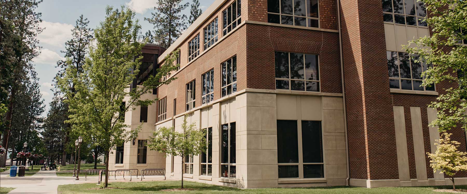 A west facing view of Weyerhaeuser Hall. The brick building is lined by trees, bike racks and the hello walk.