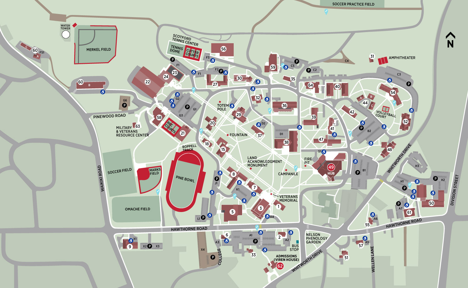 Map of Whitworth's campus with numbered buildings and parking lots.