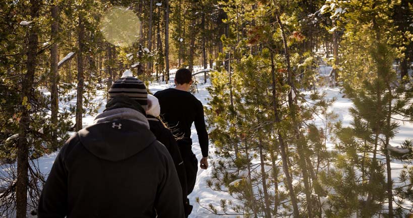 Two students hike through rows of trees in the snow.