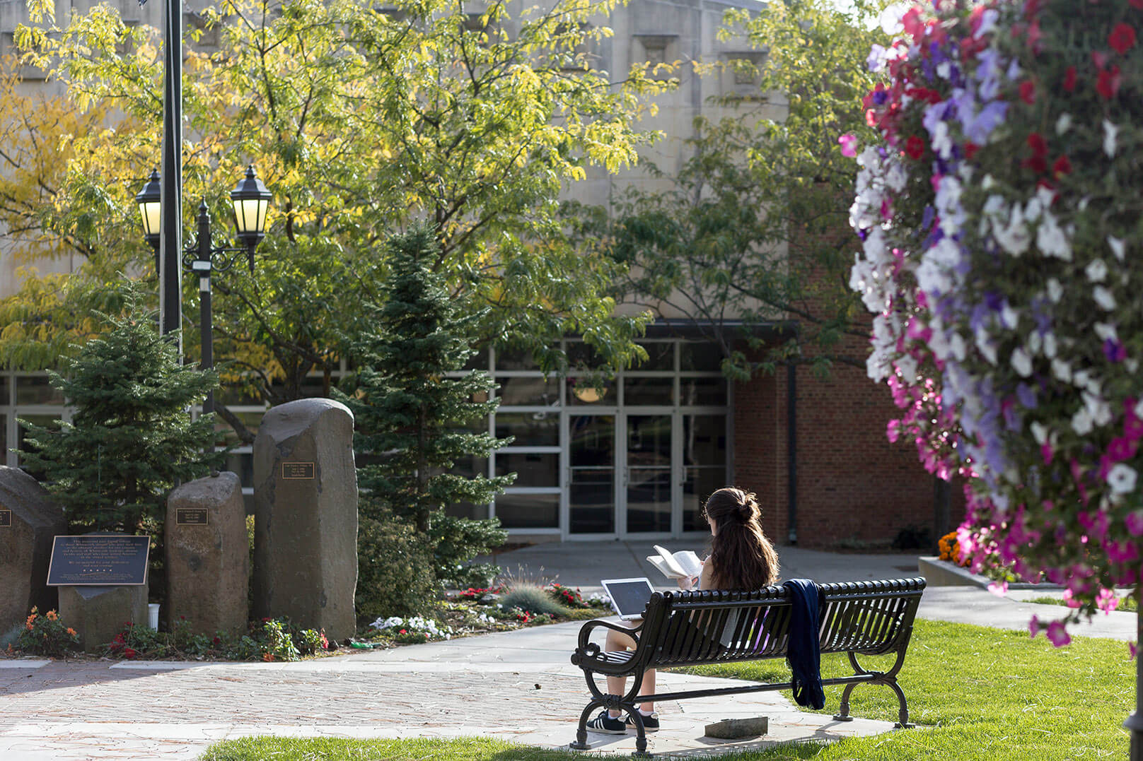 A student with long hair is seen from behind, sitting on a bench, studying with a laptop and book.