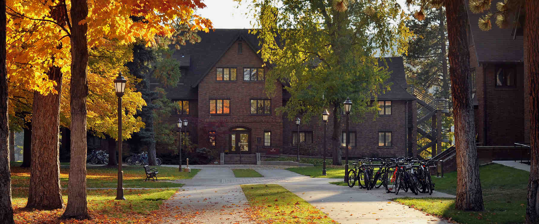 Ballard Hall, framed by fall trees.