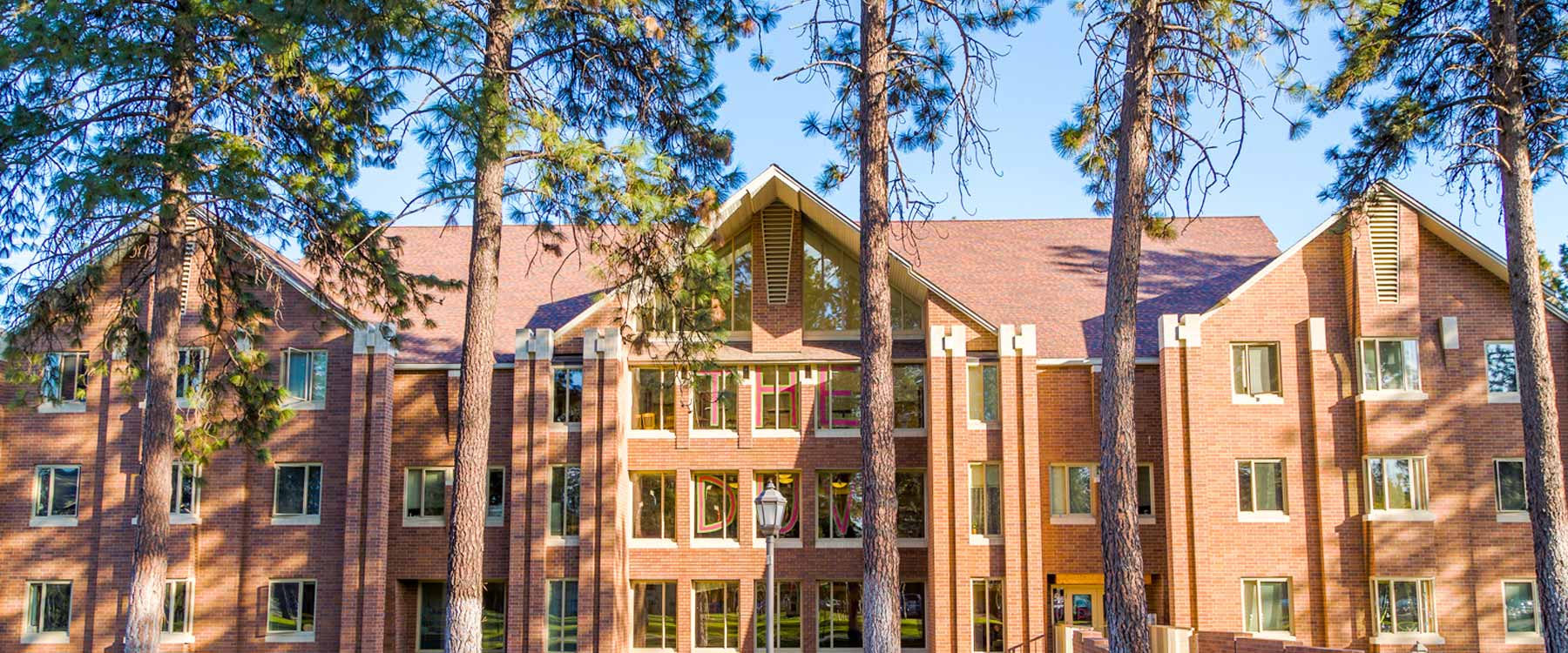 A large three-story brick building with many windows surrounded by tall pine trees under a clear blue sky.