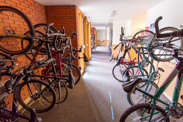 Rows of bikes hang from the walls in the Baldwin-Jenkins entry.