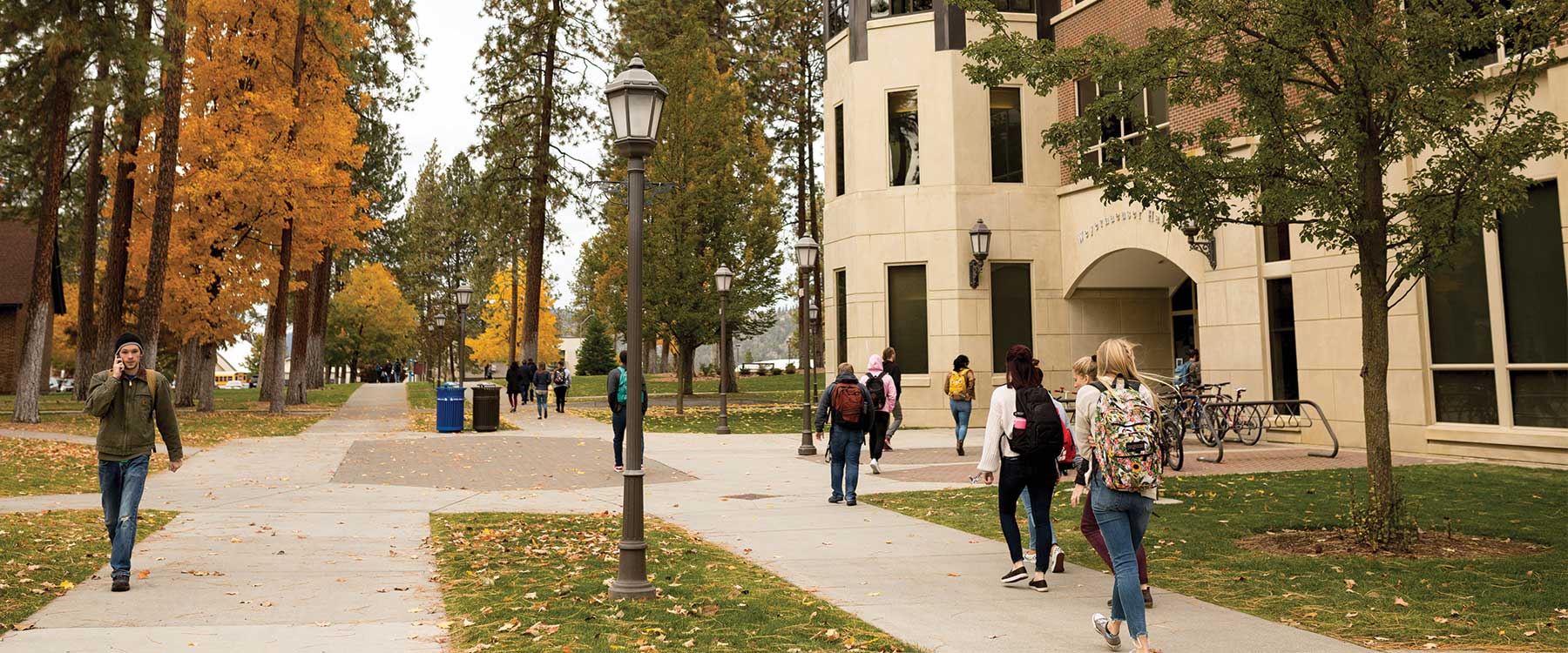 Students walk together down the hello path in the middle of campus on a fall day.