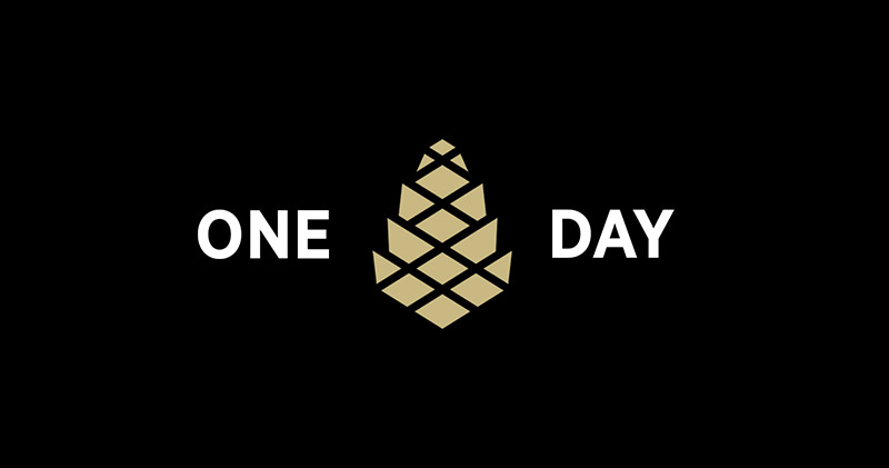 A pinecone graphic is centered on a black background, with the words 