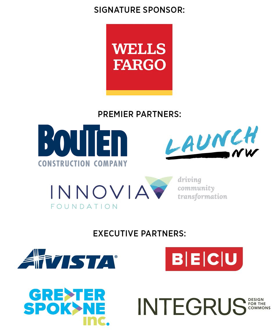 Logos of sponsors: Wells Fargo, Bouten, Innovia Foundation, Launch NW, Avista, BECU, Greater Spokane Inc., Integrus.