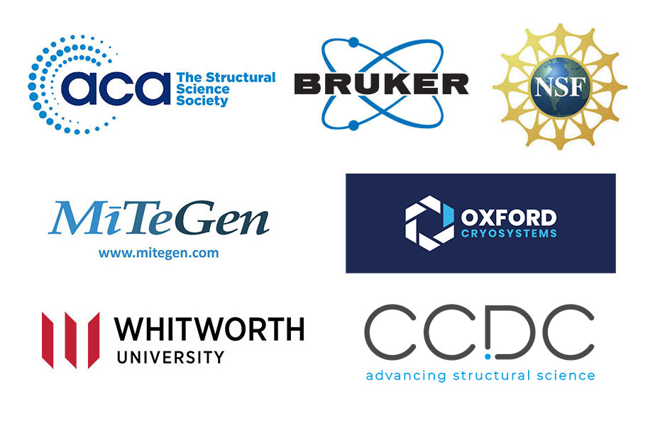 Sponsor logos: ACA The Structural Science Society, Bruker, NSF, MiteGen, Whitworth University