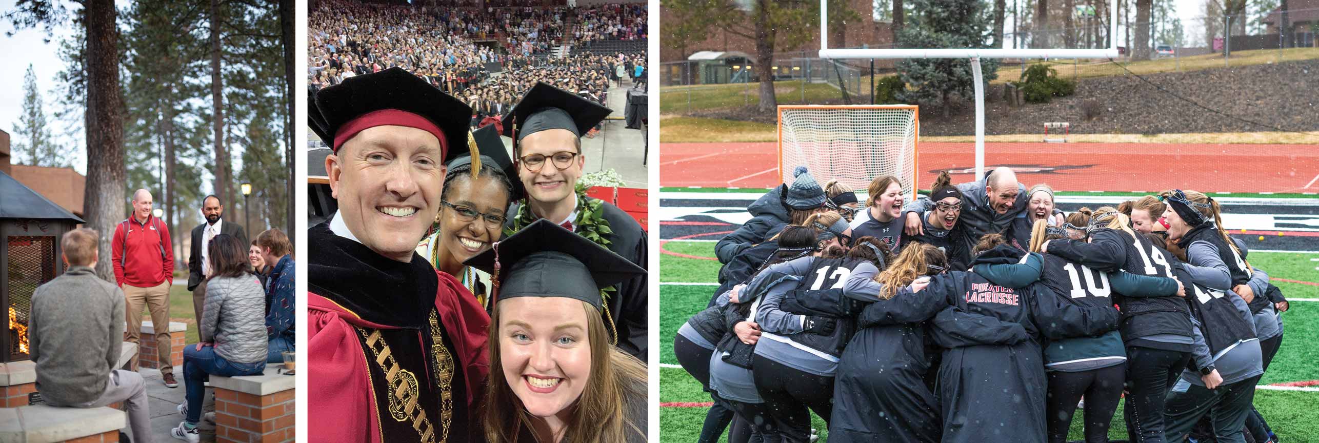 A graduation selfie, sports team huddle, and an outdoor campus gathering with a firepit.