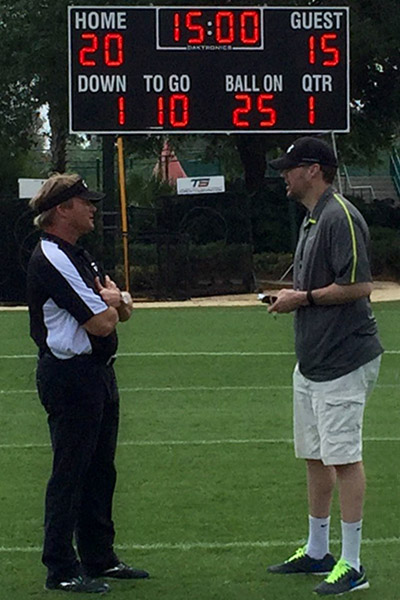 Mike Sando talks with ESPN analyst and former NFL head coach Jon Gruden on a football field.
