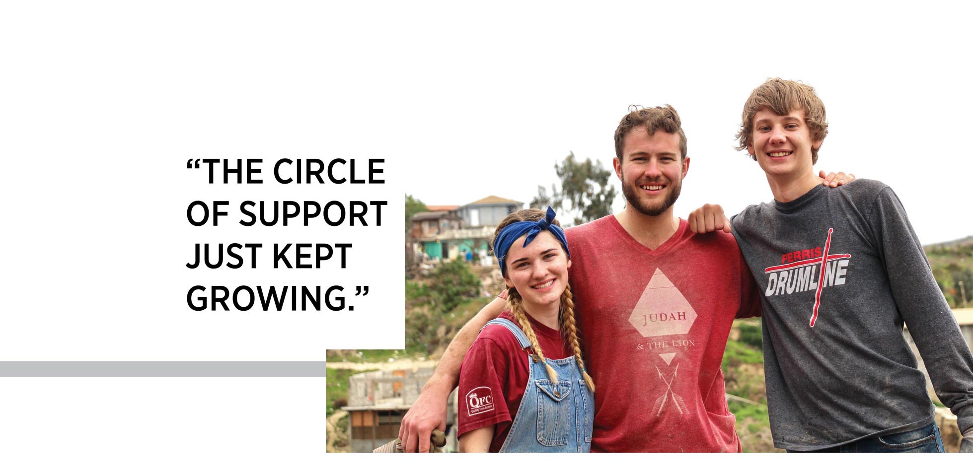 Three smiling people standing together outdoors with text that reads, 