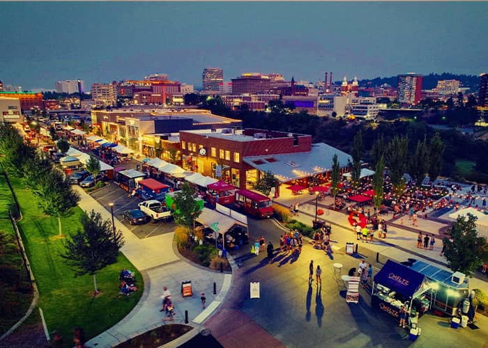 Arial view of a festive night market.