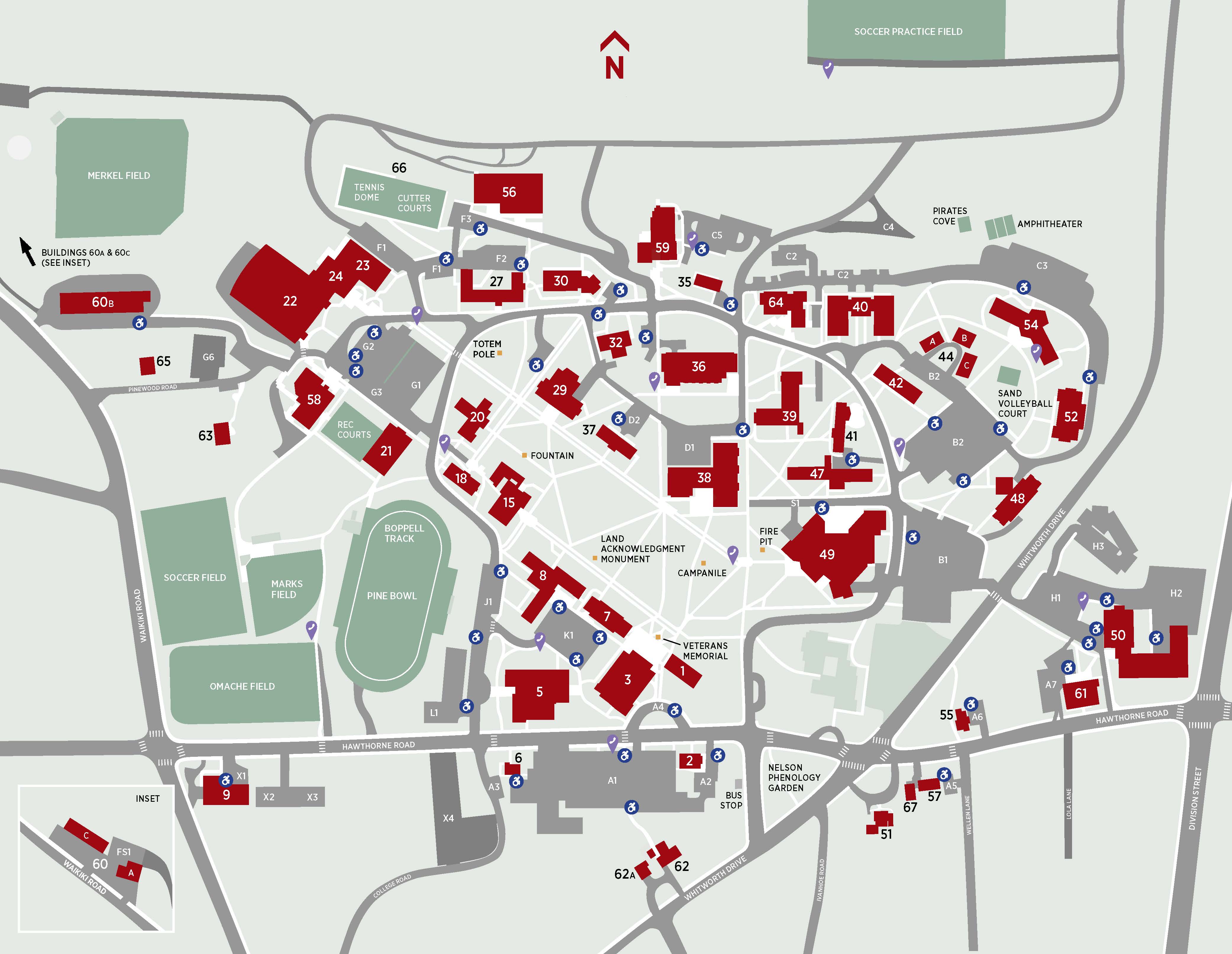 Map of Whitworth's campus with numbered buildings and parking lots.