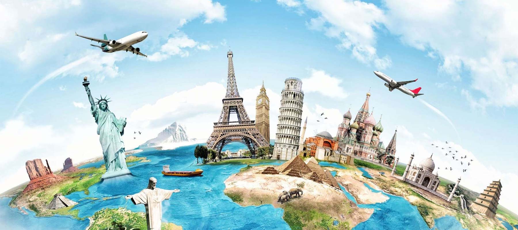 Illustration of iconic global landmarks like the Eiffel Tower, Statue of Liberty and the Taj Mahal on a spherical Earth.