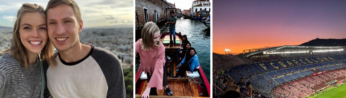 Three photos sliced: two young adults smiling, several students enjoying a gondola ride, and a football stadium at sunset.
