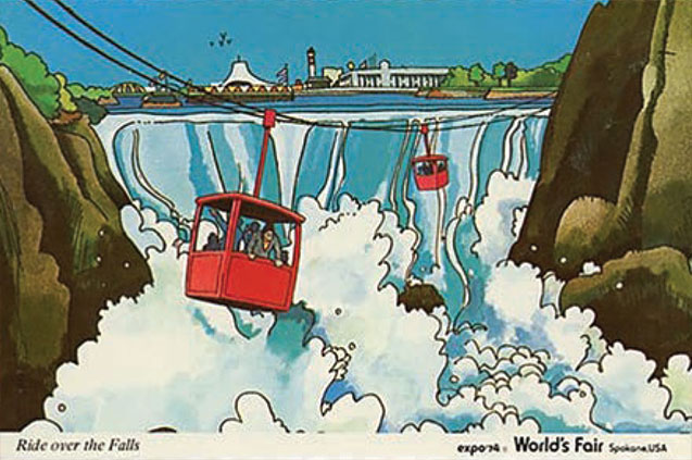 Illustration of two red cable cars moving across river falls with the Spokane city skyline in the background.