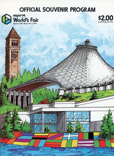 Colorful cover of the Expo '74 World's Fair souvenir program featuring the Spokane Clock Tower and Pavilion.