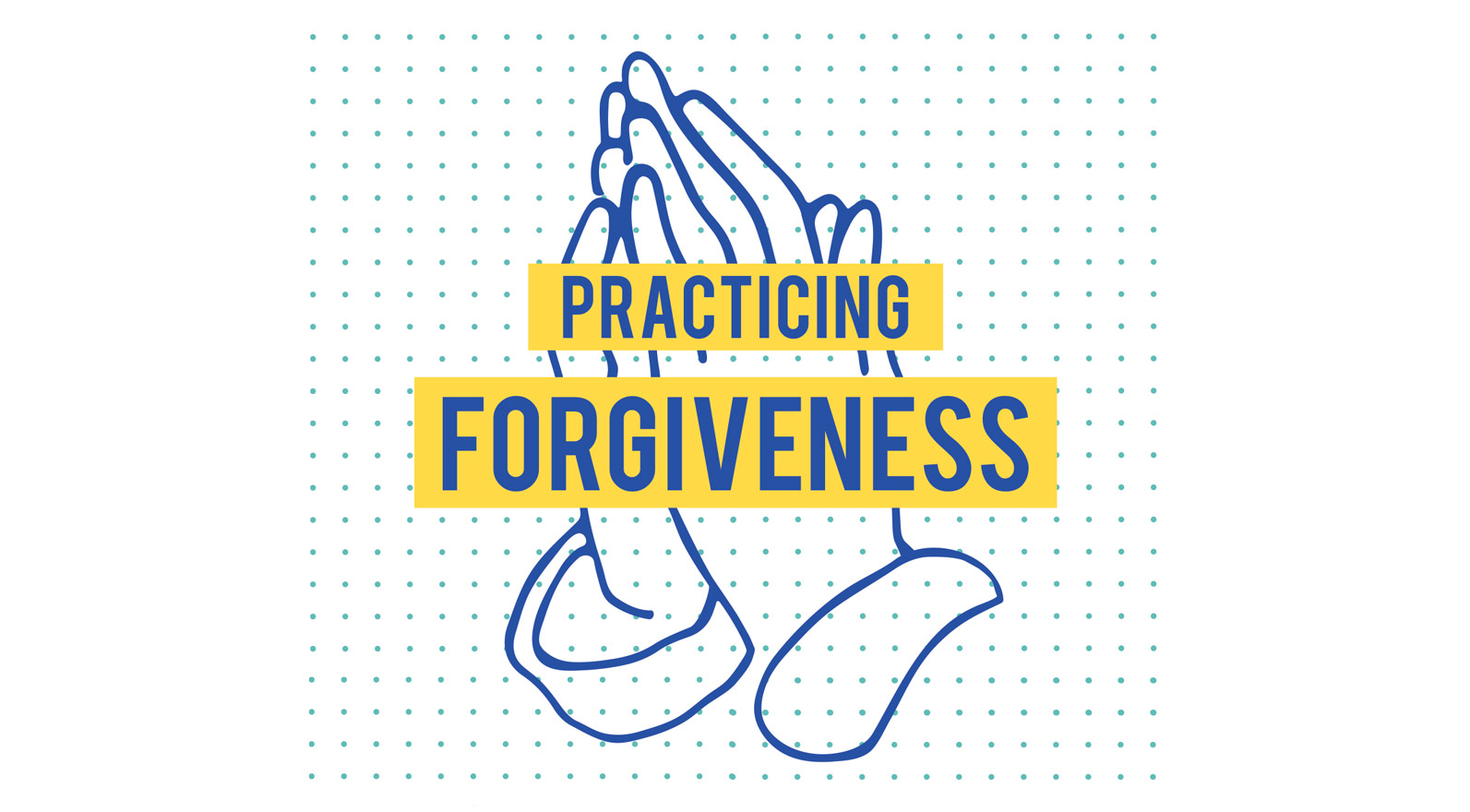 Line drawing of hands in prayer position with the text